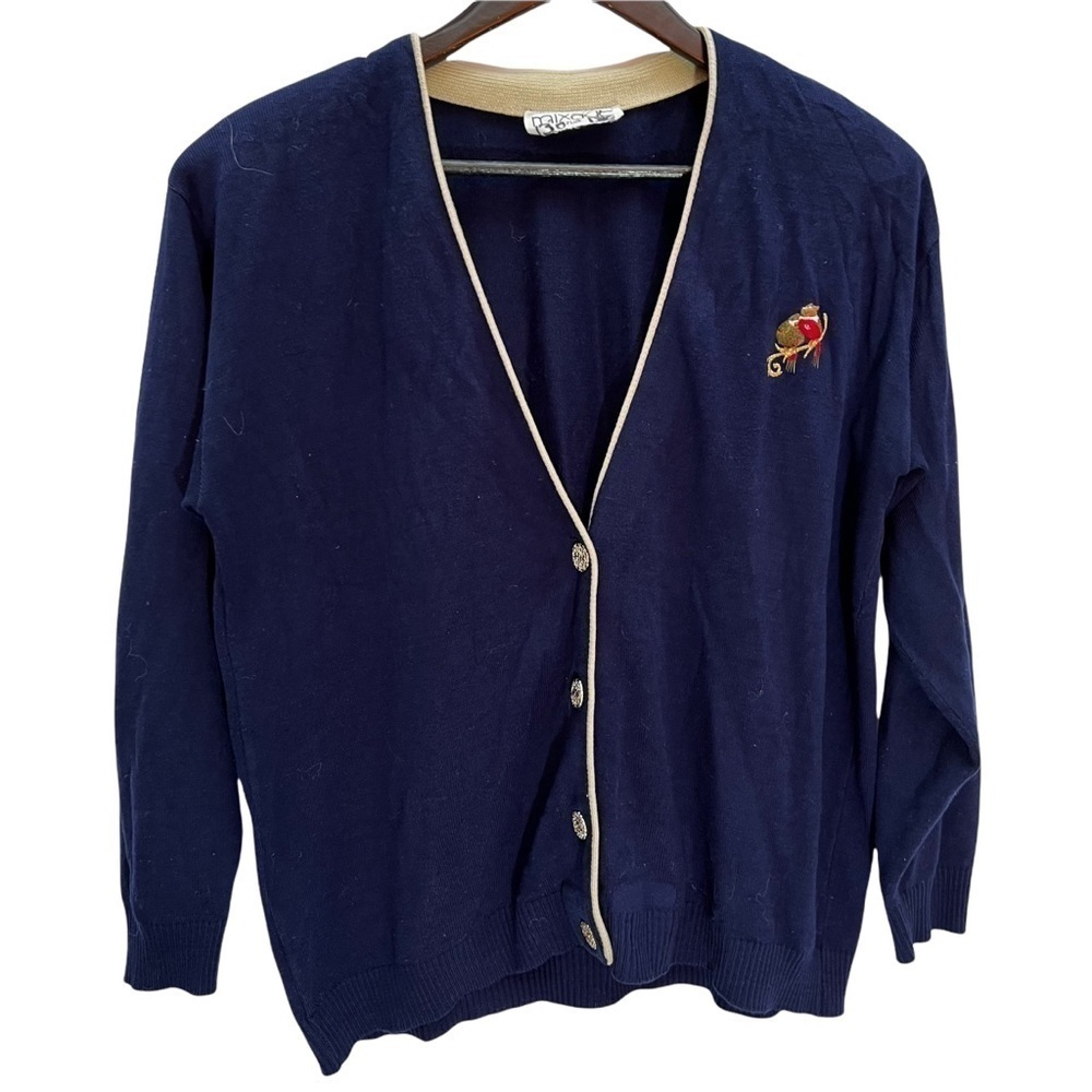 VINTAGE 90's💙Varsity Navy Button Front V-Neck Cardigan Sweater Size XL